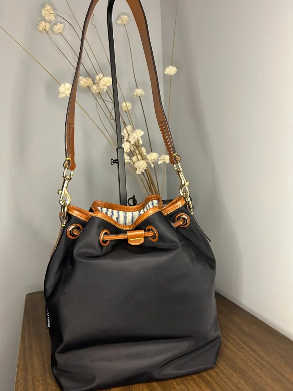 Dooney & Bourke Wayfarer Black Nylon Leather Drawstring Bucket Bag